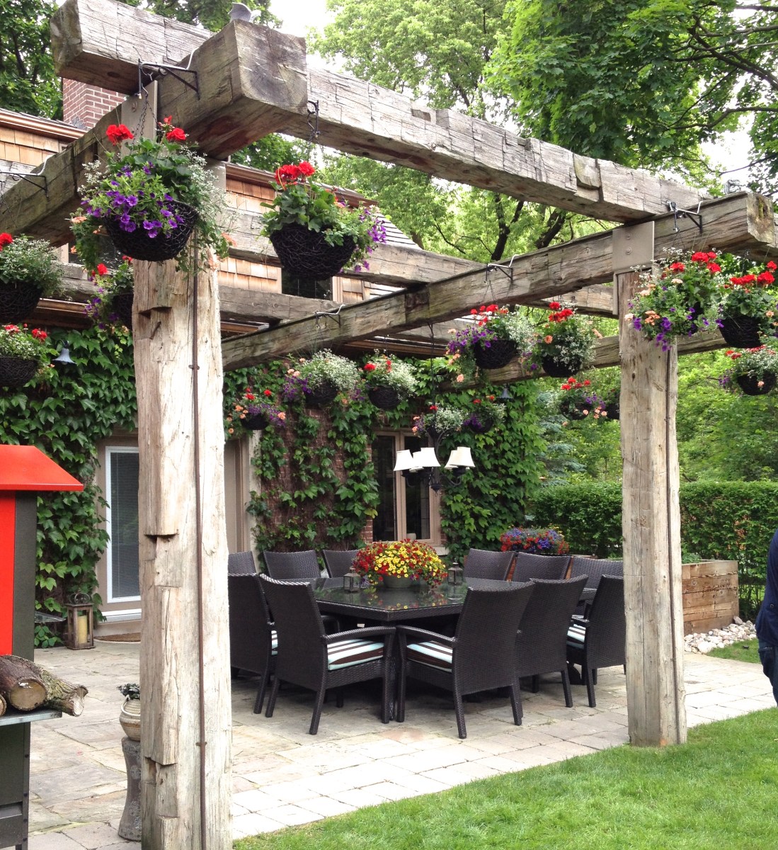 Hanging baskets on arbor