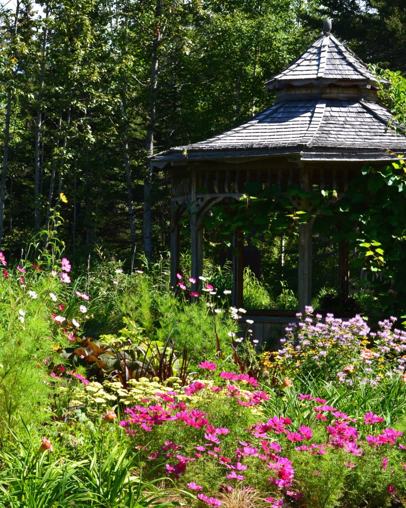 A small gazebo is surrounded by flowering borders.