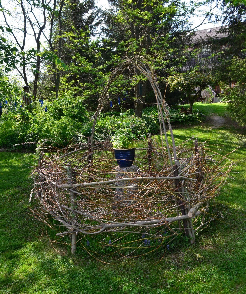 A sculptural basket is made from live willow branches in a garden setting.