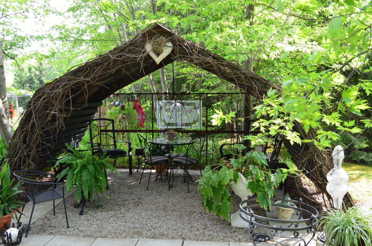 An outdoor seating area with a crystal candelabra.