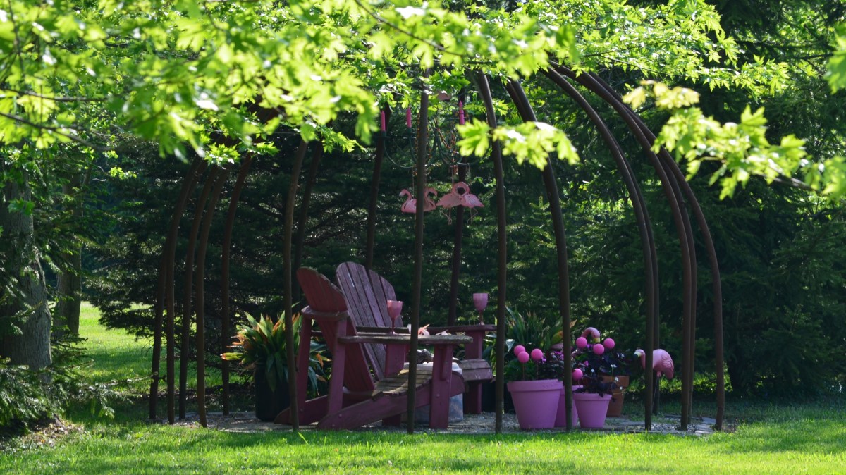 A pink flamingo themed outdoor seating area.