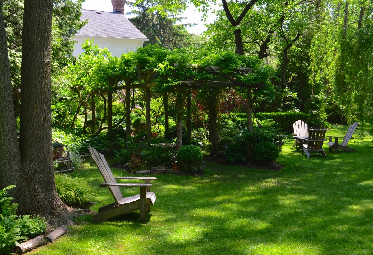 A pergola connects a small garden to a much larger common garden.