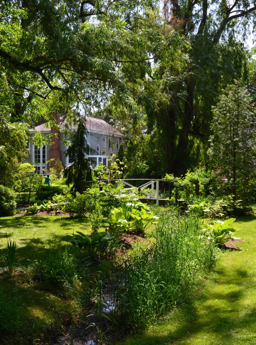 A small creek runs through a garden accessible to several homes.