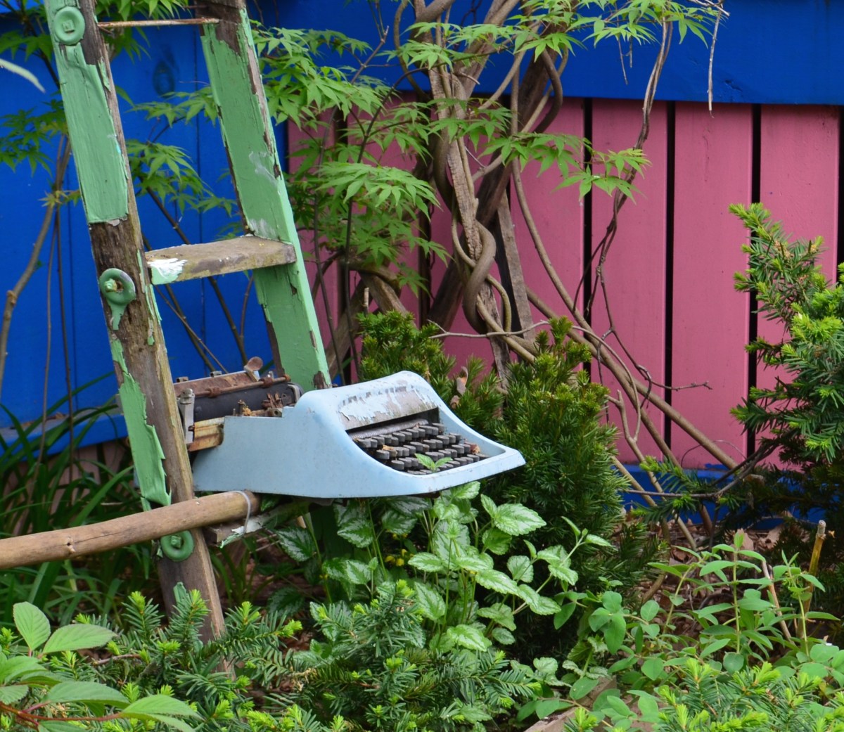 A typewriter is used as a garden ornament.