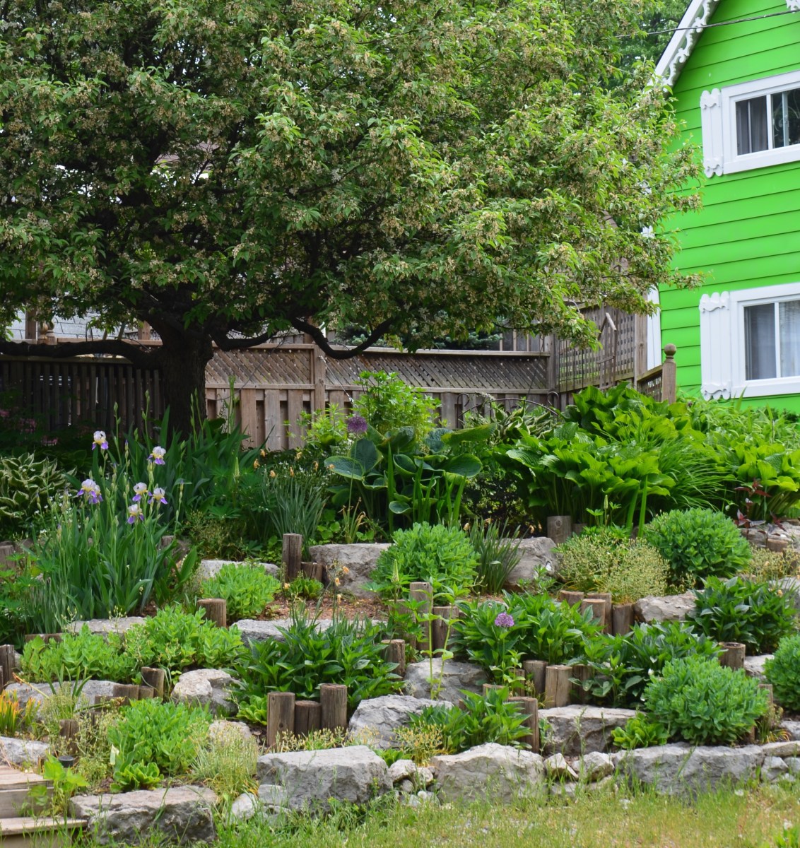 A small garden on an incline is tiered with posts added for a maritime effect.