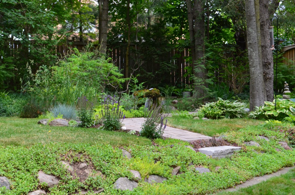 A small garden includes a path and water feature