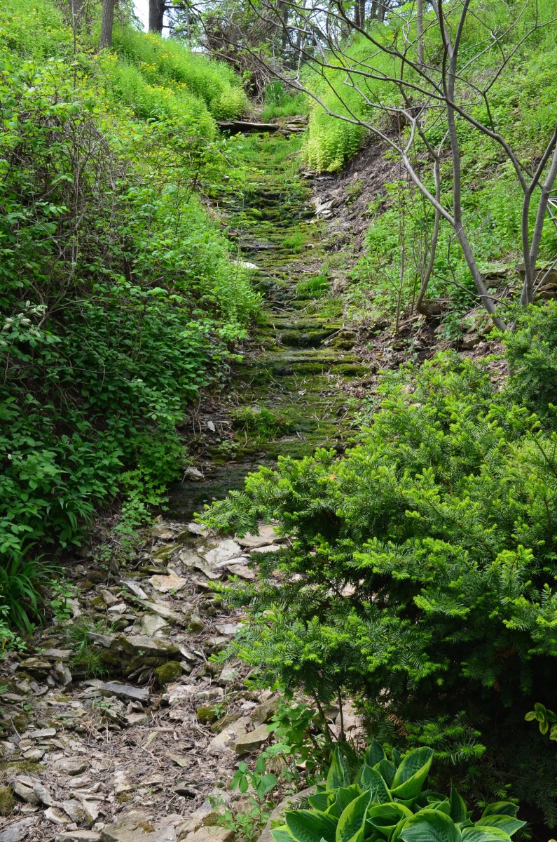 A dry creek and former waterfall.