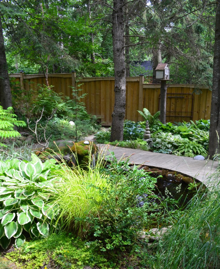 A pathway leads around and past a water feature
