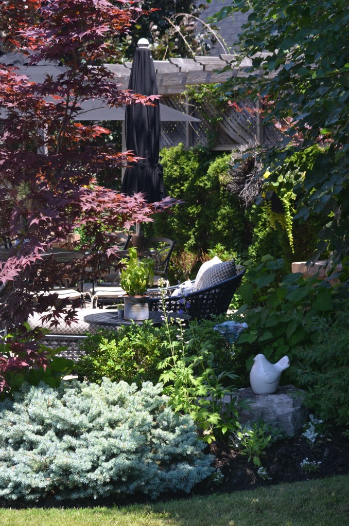 A patio with pergola and garden seating is flanked by flower beds.