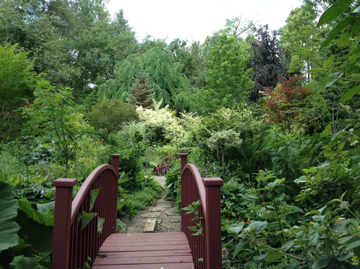 A garden bridge leads into a garden filled with inspiring plantings.