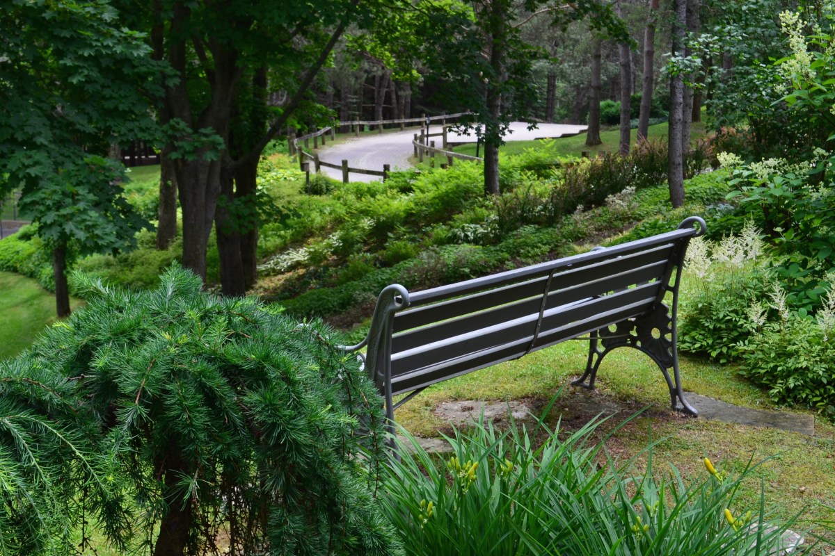 A bench near the front door takes advantage of the view of the driveway.