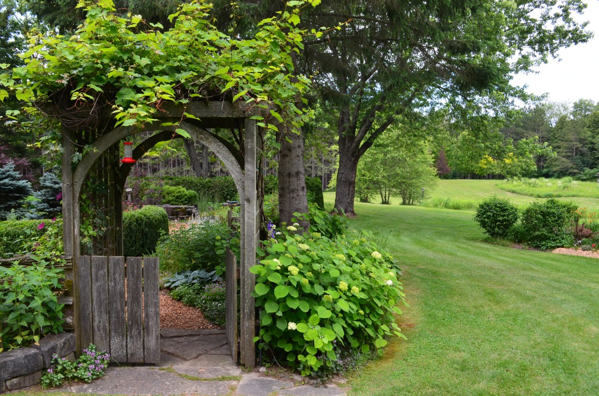 The vista beyond the enclosed garden includes a sculpted meadow and woodland.