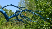 A dead tree branch painted blue is decorated with a painted bird.