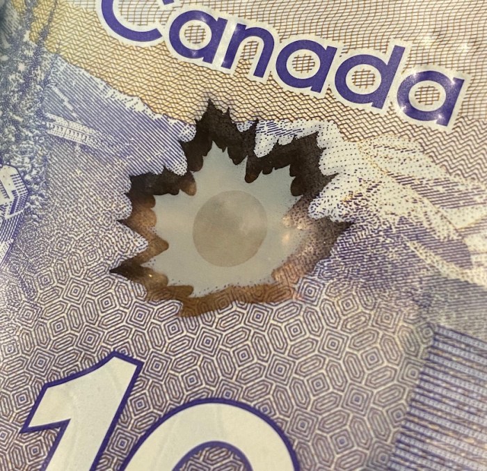 Maple leaf on Canada $10 bill