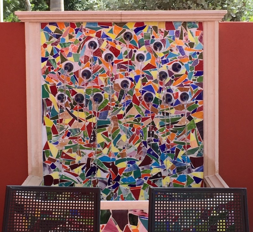 Water feature with wine bottles