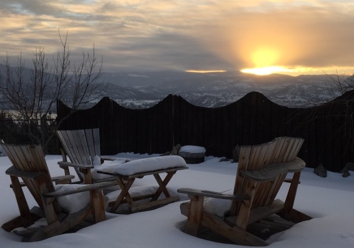 Sunset in winter with garden